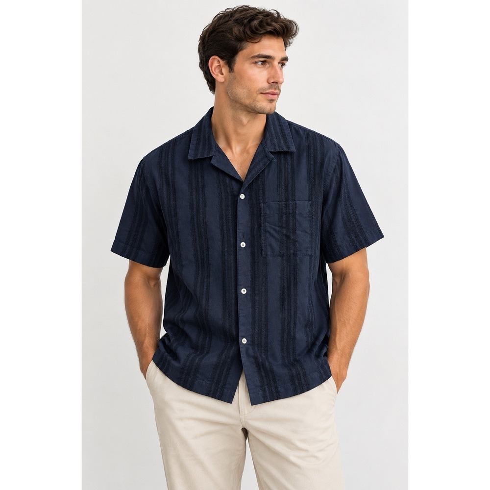 COS Navy Textured Short Sleeve Camp Collar Shirt Men's Medium